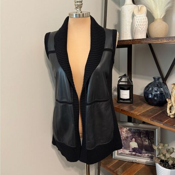 Lafayette 148 New York Leather Cashmere Vest Cardigan Quiet Luxury Black MED - Picture 2 of 10
